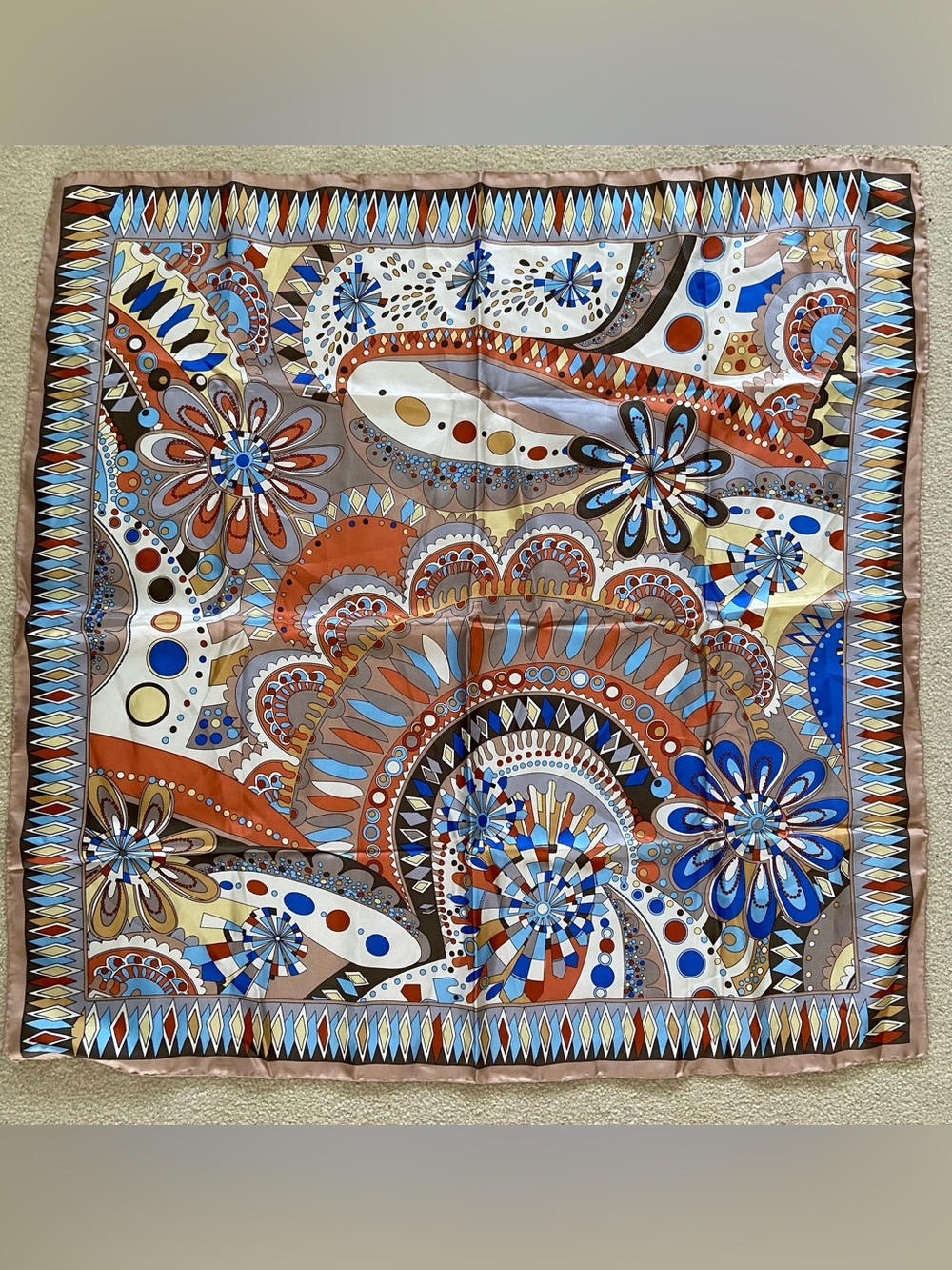 100 % Silk Scarf , Floral Paisley Square  - Blue, Brown, Cream no brand